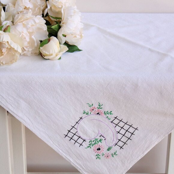 Vintage 1950s Tablecloth, Embroidered Eggplant, Or Kitchen Towel - Picture 10 of 10